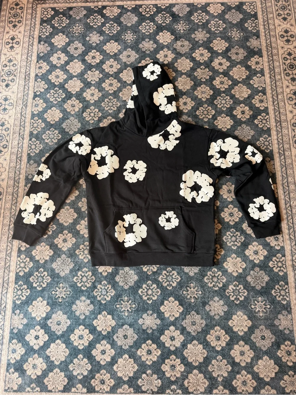 Black Crewneck Hoodie with Cream Floral Appliqué